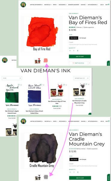 Van Dieman's Ink swatches on Vanness web site