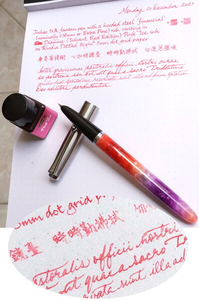 Diamine Inkvent Pink Ice writing sample with a Jinhao 51A