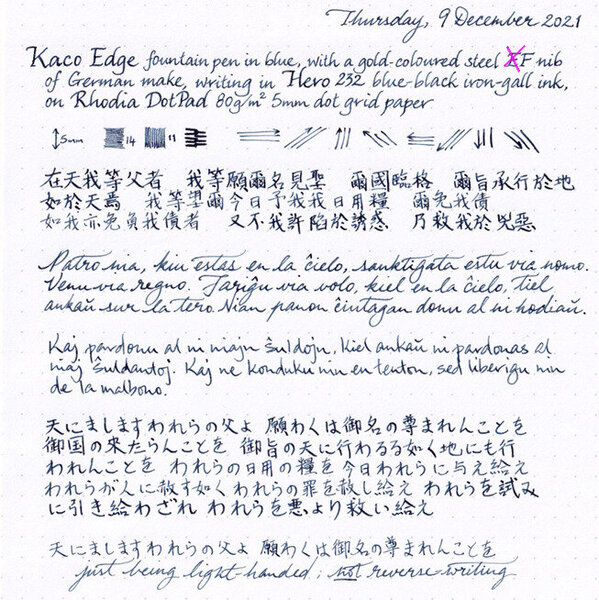 Kaco Edge with F nib writing in Hero 232 ink