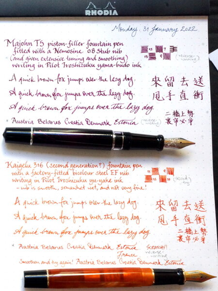 Majohn T5 and Kaigelu 316 filled with colour-matched inks