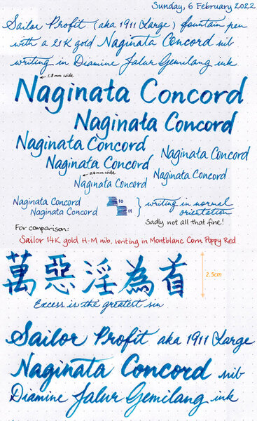 Naginata Concord nib writing sample in Diamine Jalur Gemilang