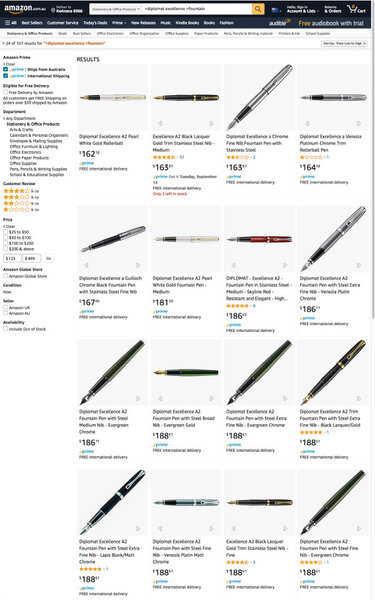 Prime-eligible prices on Amazon AU for Diplomat Excellence fountain pens