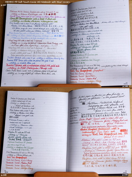 Overview of 4 pages of writing samples on MEMMO FP (Blue tester) notebook