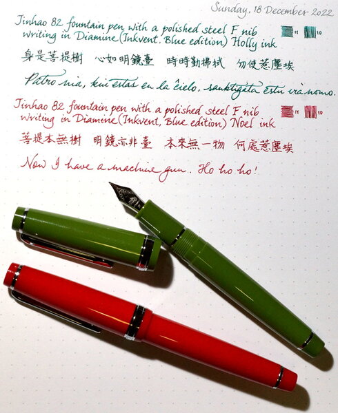 Christmassy Jinhao 82 pens writing in Diamine Inkvent Blue Edition inks