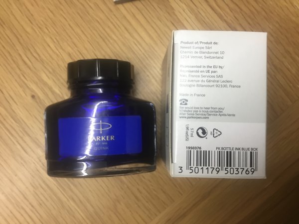 Parker Quink ‘Blue’ - not ‘Blue/Black’ or ‘Washable Blue’ - bottle and packaging showing SKU.jpeg