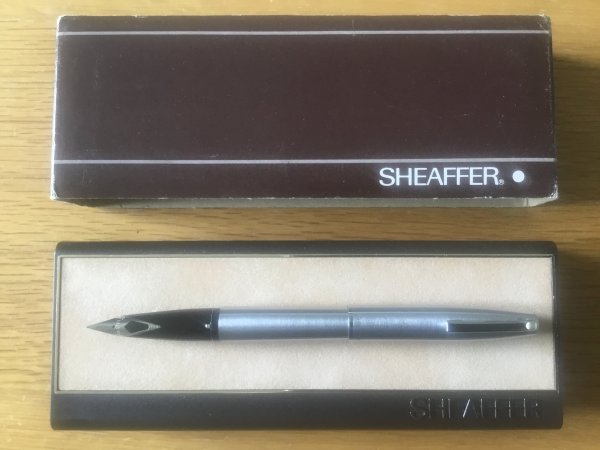 Sheaffer Triumph 444 Brushed Chrome pen with CT & SS nib, also showing its 1980s(?) box.jpeg