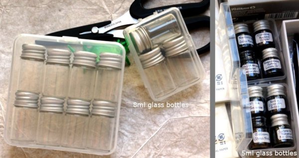 Plastic display cases for ink samples in glass bottles